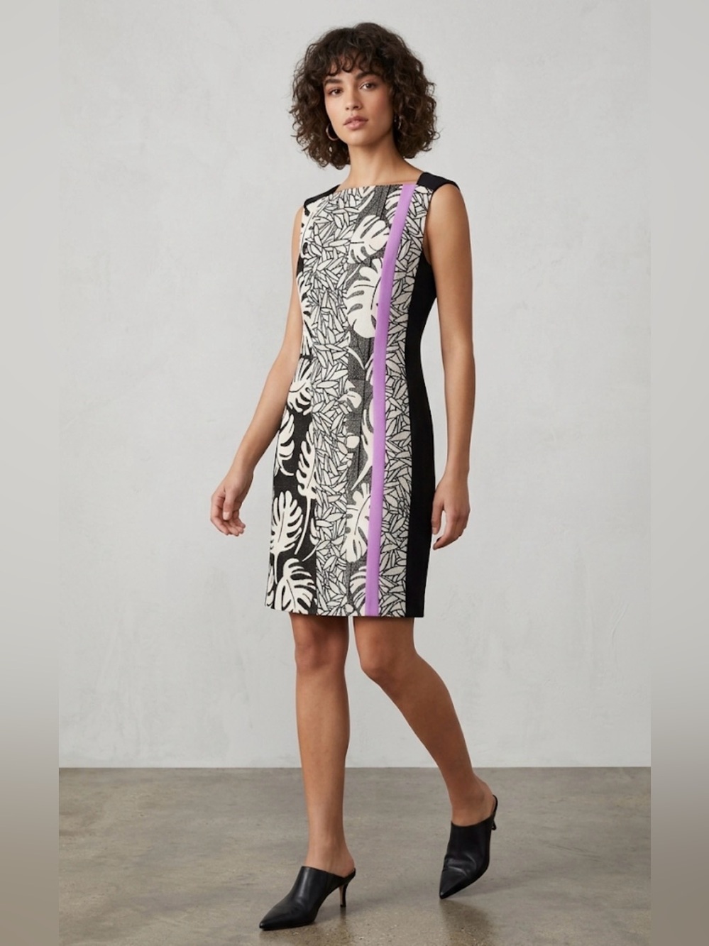 Diane Von Furstenberg Sleeveless Tropical Print Sheath Dress with Lilac Trim